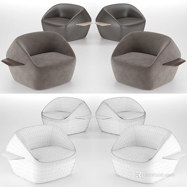 Modern Gray Single-seat Sofa With Round Shape And Wooden Armrests Design 3d model 