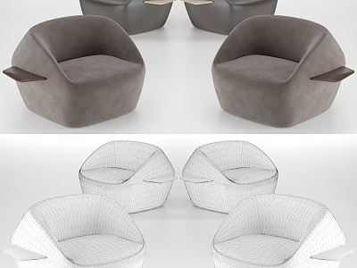 Modern Gray Single-seat Sofa With Round Shape And Wooden Armrests Design 3d model