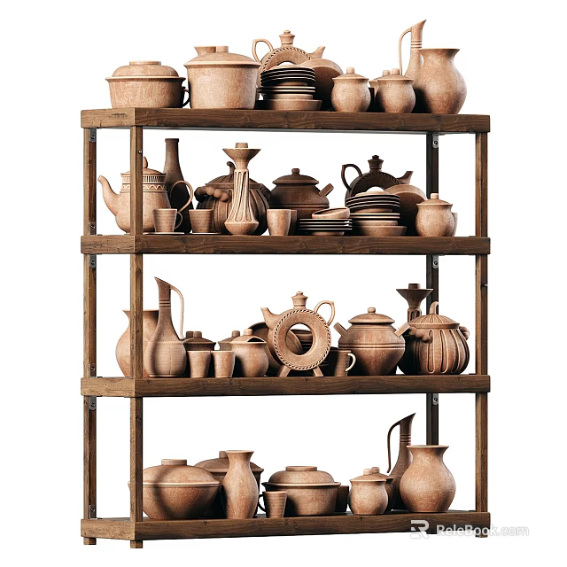 Ceramic Vessels Displayed On Wooden Shelf With Various Types And Shapes 3d model 