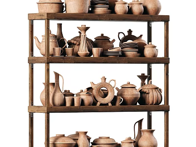 Ceramic Vessels Displayed On Wooden Shelf With Various Types And Shapes 3d model
