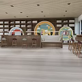 Book Art Inspired Library Interior With Curved Bookshelves Bench Counter And Wooden Floor
