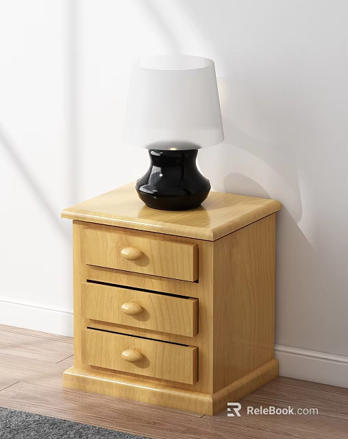 Wooden Bedside Table With Three Drawers And Round Knobs Featuring Black Lamp White Lampshade 3d model 