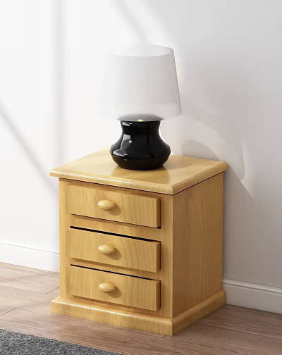 Wooden Bedside Table With Three Drawers And Round Knobs Featuring Black Lamp White Lampshade 3d model