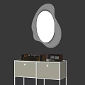 Irregular Shaped Silver Mirror Mounted On Black Wall Above White Cabinet With Clock Decor Items 3d model