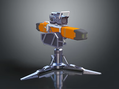 Metallic Futuristic Weapon With Orange Gray Components Targeting Scope And Claw Like Stand 3d model