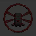 Red Mechanical Device With Large Wheel Cylindrical Body And Orange Light Detailed