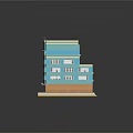Cartoon Style Building With Blue Orange Facade Multiple Floors Balconies And Windows