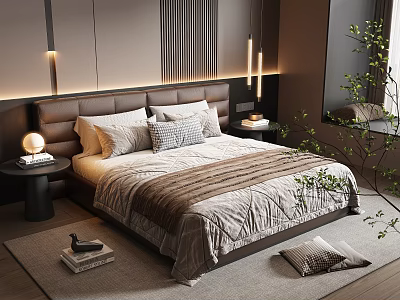 Elegant Double Bed In Modern Bedroom With Leather Headboard Striped Duvet And Green Plant 3d model