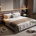 Elegant Double Bed In Modern Bedroom With Leather Headboard Striped Duvet And Green Plant