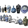 Traditional Ceramic Vessels Featuring Blue And White Dragon Bamboo Patterns With Vases Plates And Jars