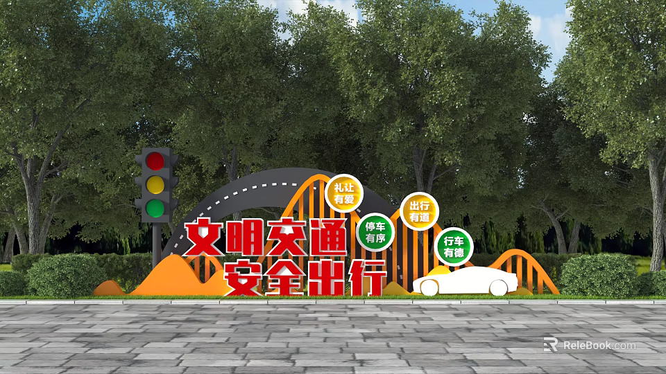 Road Traffic Sign Promoting Safe Travel With Traffic Light Green Trees And Blue Sky 3d model 