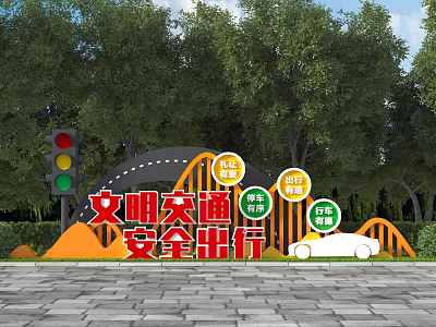 Road Traffic Sign Promoting Safe Travel With Traffic Light Green Trees And Blue Sky 3d model