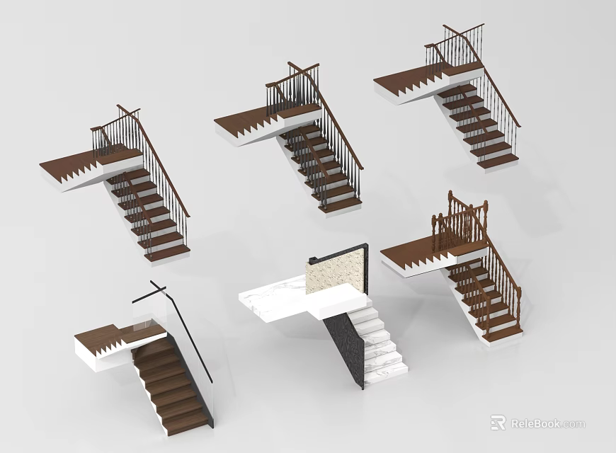 Modern Varied Staircase 3D Models With Wooden Handrails And Landing Designs 3d model 