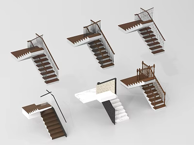 Modern Varied Staircase 3D Models With Wooden Handrails And Landing Designs 3d model