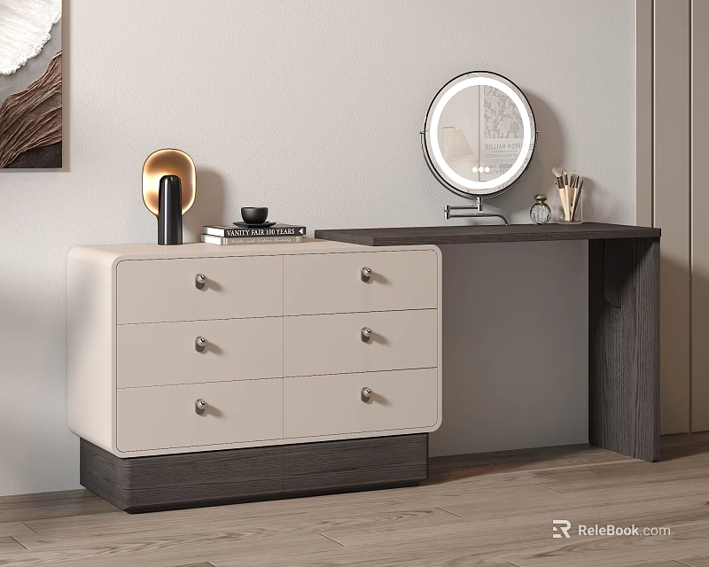 Modern Dressing Table With White Drawers Gray Cabinet And Round Mirror 3d model