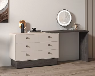 Italian Style Minimalist Modern Makeup Table Dressing Table Makeup Mirror Makeup Pen Exquisite Handles Wood Grain Decorative Painting Champagne Grey Wood Floor Light Luxury 3d model