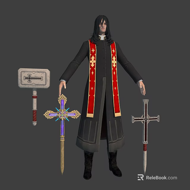 Cleric In Black Robe With Red Sash Holding Cross Staff Sword And Shield 3d model