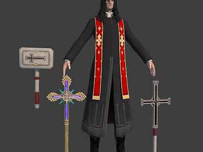 Cleric In Black Robe With Red Sash Holding Cross Staff Sword And Shield 3d model