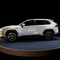 White SUV Car With Modern Exterior Black Wheels And Display Stand