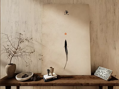 Oriental Zen Decor Scene With Calligraphy Wall Art Dried Branch Vase And Tea Set 3d model