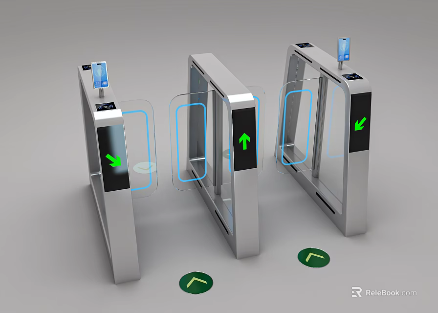 Automatic Public Facility Turnstiles With Glass Barriers Green Arrow Indicators And Silver Metal Frames 3d model 