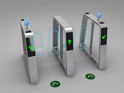 Automatic Public Facility Turnstiles With Glass Barriers Green Arrow Indicators And Silver Metal Frames 3d model