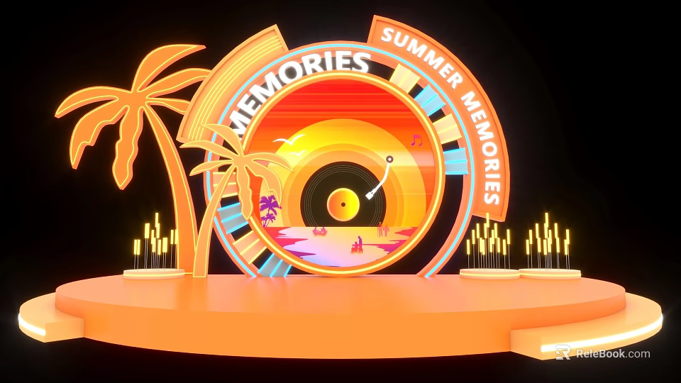 Vibrant Neon Summer Memories Photo Check-in Spot With Vinyl Record Palm Trees And Stage 3d model 