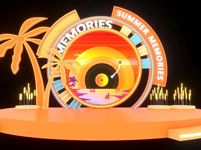 Vibrant Neon Summer Memories Photo Check-in Spot With Vinyl Record Palm Trees And Stage 3d model