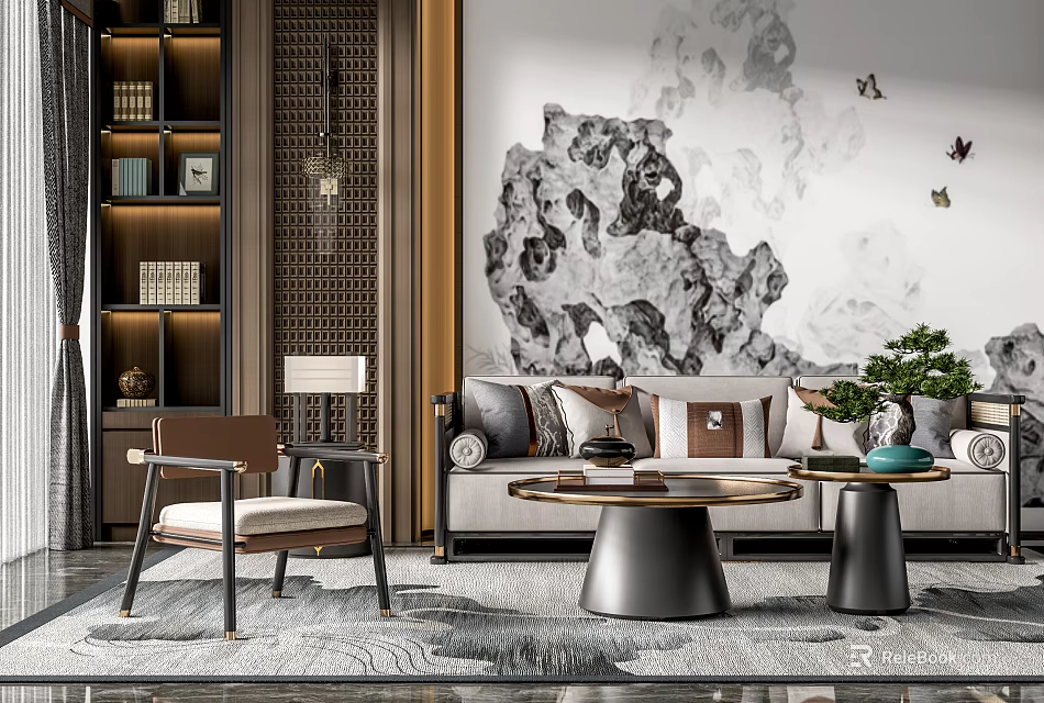 Modern Chinese Sofa and Coffee Table Set with Ink Painting Backdrop and Green Plant 3d model 