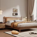 Double Bed With Wooden Headboard Gray Pillows Brown Blanket Nightstands Table Lamp And Decorative Paintings