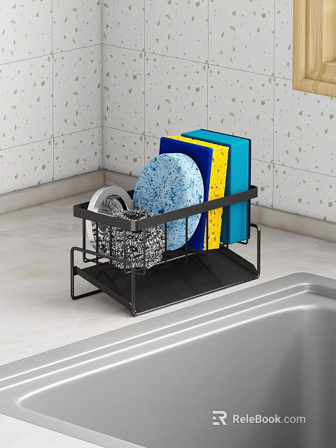 Black Metal Dish Rack with Plates Sponges and Dish Cloths in Modern Kitchen Sink Area 3d model 