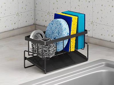 Black Metal Dish Rack with Plates Sponges and Dish Cloths in Modern Kitchen Sink Area 3d model