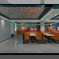 Modern Restaurant Interior With Orange Black Booths Dining Tables Marble Flooring And Decorative Ceiling