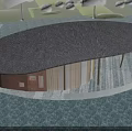 Modern Pavilion With Curved Dark Tile Roof Glass Wooden Structure And Water Reflection Among Trees