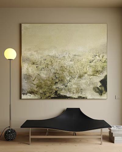 Textured Abstract Painting With Neutral Tones Hanging On Wall In Modern Interior With Floor Lamp 3d model