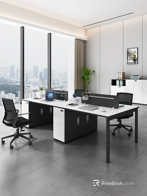 Modern Public Office Space With Large Windows City View Workstations Ergonomic Chairs And Green Plant 3d model 