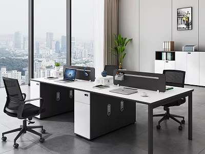 Modern Public Office Space With Large Windows City View Workstations Ergonomic Chairs And Green Plant 3d model