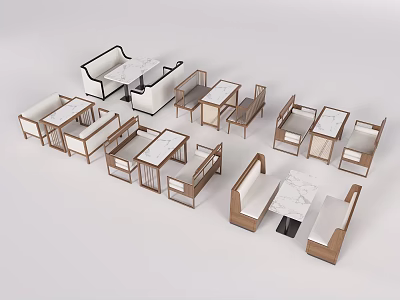 Various Style Booth Sofas With Wooden Frames And Marble Tabletops For Restaurant Dining 3d model