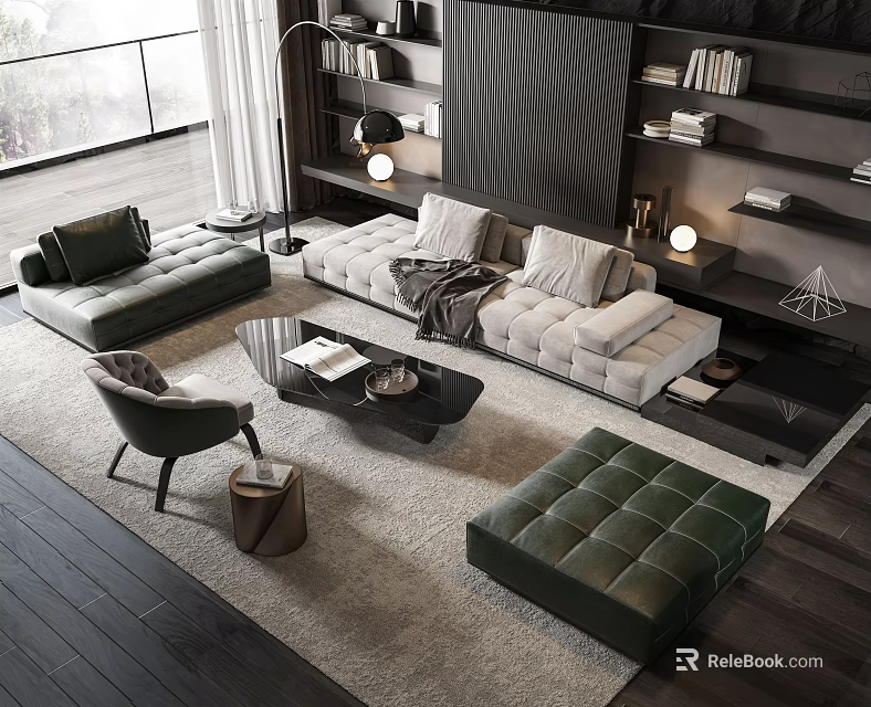 Modern Green and Beige Sofa Coffee Table Set with Rug Armchair and Bookshelves 3d model 