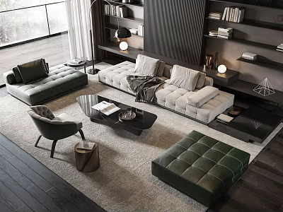 Modern Green and Beige Sofa Coffee Table Set with Rug Armchair and Bookshelves 3d model