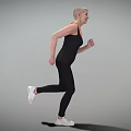 Elderly Woman Running In Black Athletic Wear With White Sneakers On Gray Background