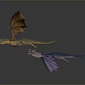 Colorful Flying Dragons With Orange And Purple Wings In 3D Render