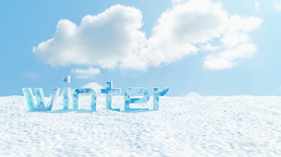 Winter Ice Sculpture Display On Snowy Ground With Blue Sky And White Clouds 3d model 