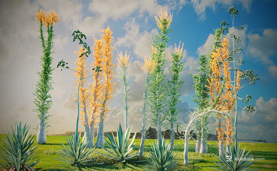 Orange and Green Shrubs with Tall Stems Vibrant Leaves Under Blue Sky and Green Grass 3d model 