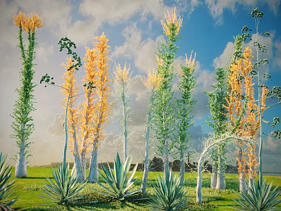 Orange and Green Shrubs with Tall Stems Vibrant Leaves Under Blue Sky and Green Grass 3d model