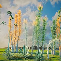 Orange and Green Shrubs with Tall Stems Vibrant Leaves Under Blue Sky and Green Grass