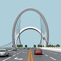 Modern Bridge Design With Unique Arch Towers Spanning River Green Landscape And Vehicle Reflection