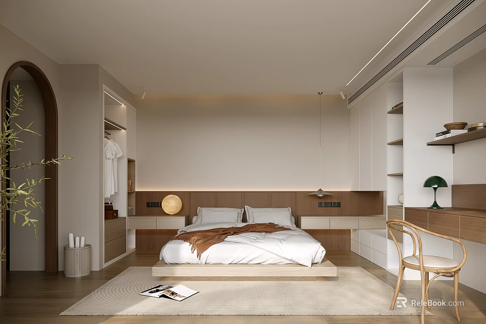 Modern Bedroom Interior With Wooden Bed Built in Wardrobe Area Rug And Hanging Lights 3d model 