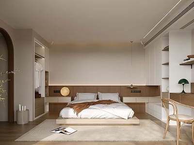 Modern Bedroom Interior With Wooden Bed Built in Wardrobe Area Rug And Hanging Lights 3d model