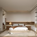 Modern Bedroom Interior With Wooden Bed Built in Wardrobe Area Rug And Hanging Lights